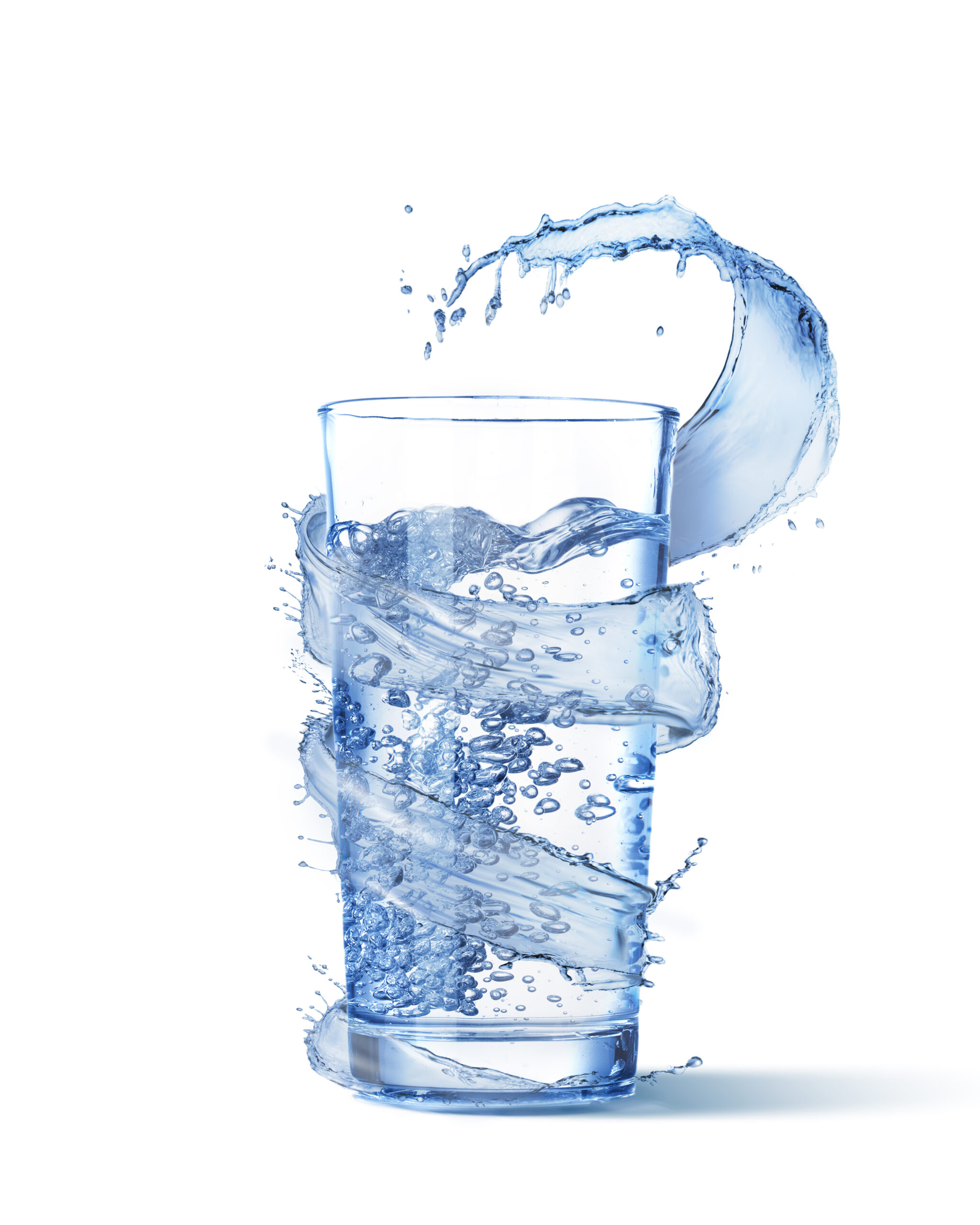 Clear glass of water with moving bubbles and spiral wave splash around it on a white background, copy space.