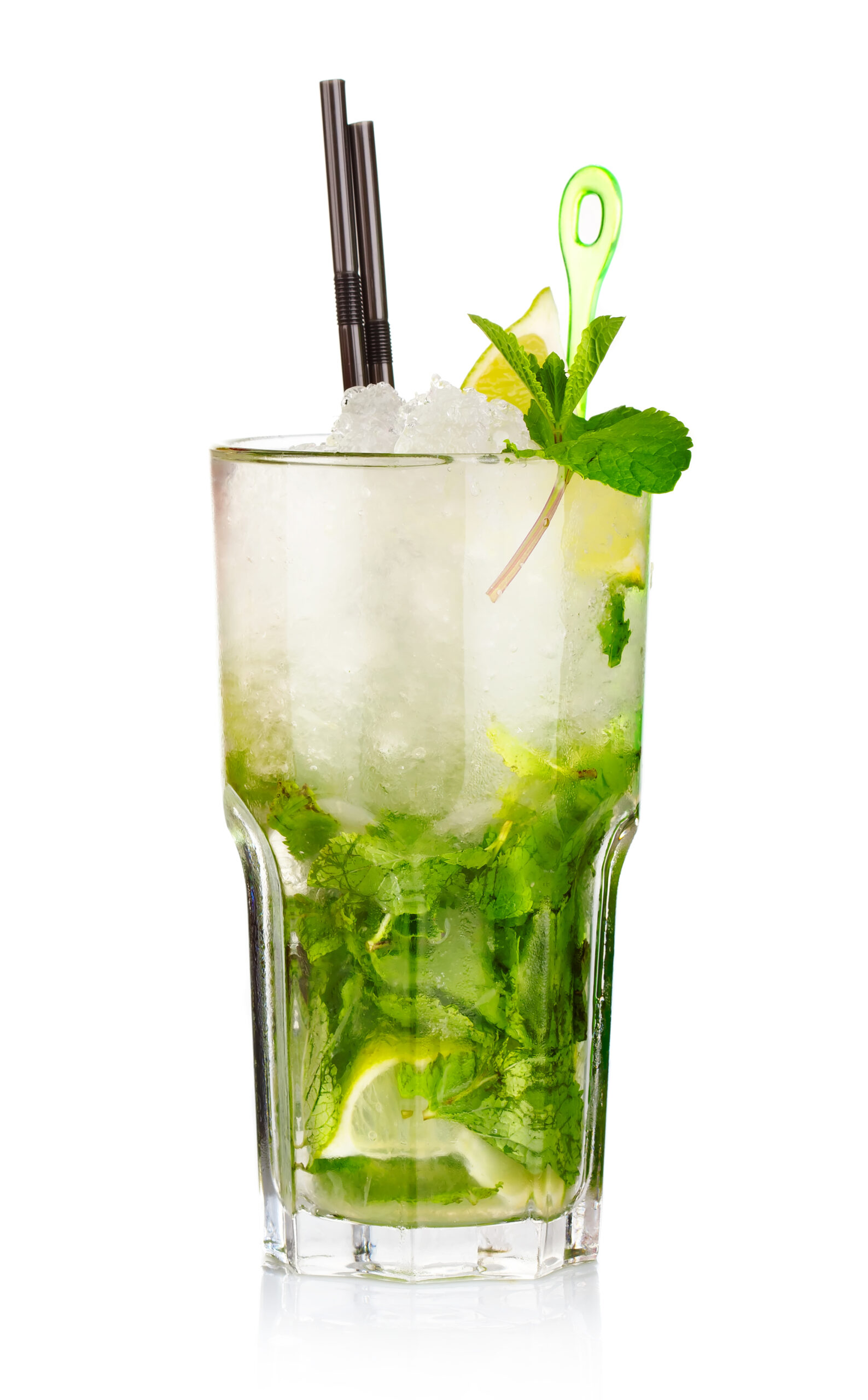 Mojito cocktail with lime fruits amd mint isolated on white background